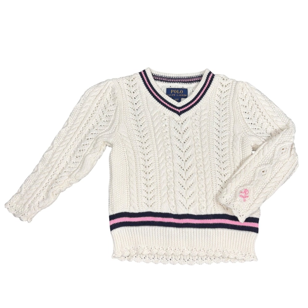 Polo Ralph Lauren Cricket Sweater Cable Knit Cream Tennis Preppy Toddler Girl 2T